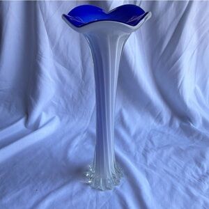 Vintage Cobalt Blue & White Cased Glass Ribbed Vase - 11" Tall